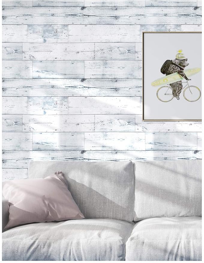 HAOKHOME Peel and Stick Wood Wallpaper Shiplap Light Grey/White Distressed Wood Plank Removable Contact Paper Self Adhesive 17.7in x 32.8ft