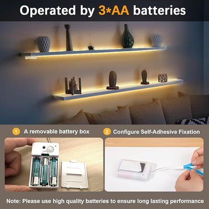 EJ's SUPER CAR Battery Operated Motion Sensor Cabinet Strip Lights, 3 Pack 4.92FT 3000K Counter Closet Strip Light, Motion & Night Sensor Safe Tape Light for Stairs Wardrobe Kitchen (Warm White)