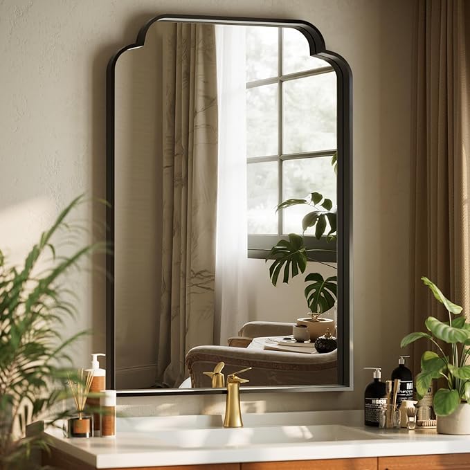 GLSLAND 24"x36" Petal Arch Bathroom Mirror – Modern Metal Frame Vanity Mirror with Scalloped Edge for Over Sink, Bedroom, Living Room, Entryway, Non-Rusting Decorative Wall Mirror, Black
