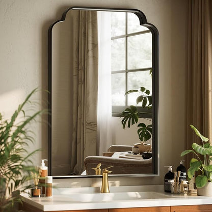 GLSLAND 24"x36" Petal Arch Bathroom Mirror – Modern Metal Frame Vanity Mirror with Scalloped Edge for Over Sink, Bedroom, Living Room, Entryway, Non-Rusting Decorative Wall Mirror, Black
