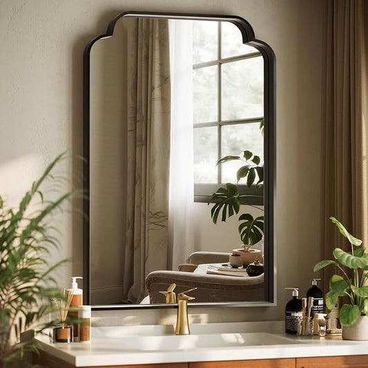 GLSLAND 24"x36" Petal Arch Bathroom Mirror – Modern Metal Frame Vanity Mirror with Scalloped Edge for Over Sink, Bedroom, Living Room, Entryway, Non-Rusting Decorative Wall Mirror, Black