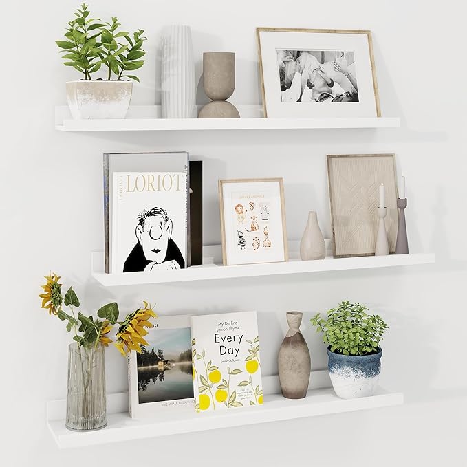 Axeman 30 Inch Floating Shelves | White Picture Ledge Shelf Set of 3 | Rustic Wood Wall Shelves with Lip | 30
