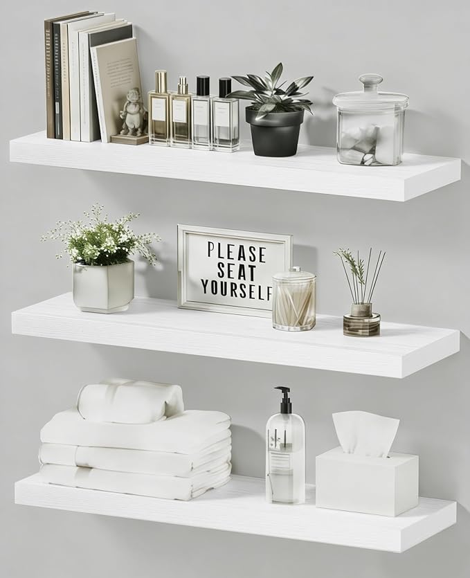 Floating Shelves Set of 3, 15.7 Inch Wall Mounted Wooden Shelf, Small Hanging Shelf for Room Decor, Books and Storage, Save Storage for Bedroom, Living Room, Bathroom, White