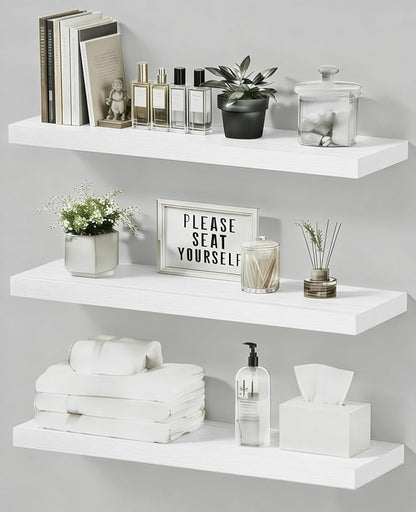Floating Shelves Set of 3, 15.7 Inch Wall Mounted Wooden Shelf, Small Hanging Shelf for Room Decor, Books and Storage, Save Storage for Bedroom, Living Room, Bathroom, White