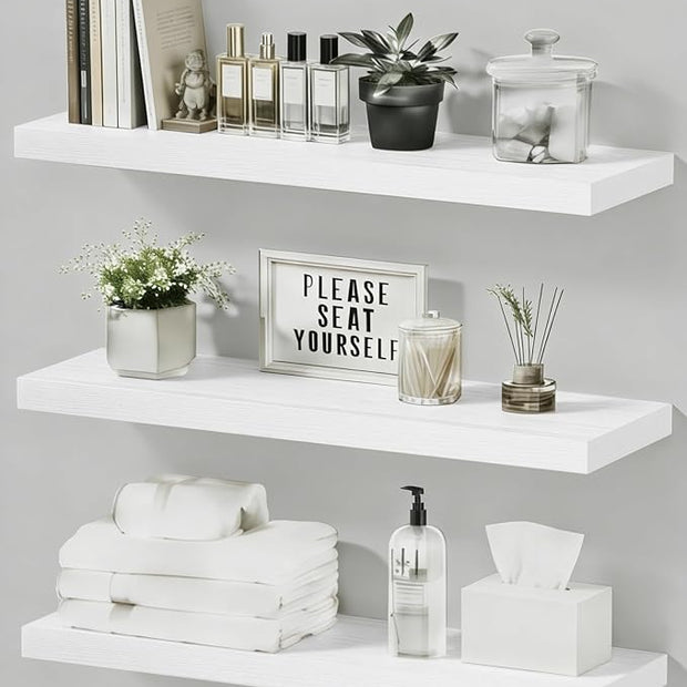 Floating Shelves Set of 3, 15.7 Inch Wall Mounted Wooden Shelf, Small Hanging Shelf for Room Decor, Books and Storage, Save Storage for Bedroom, Living Room, Bathroom, White