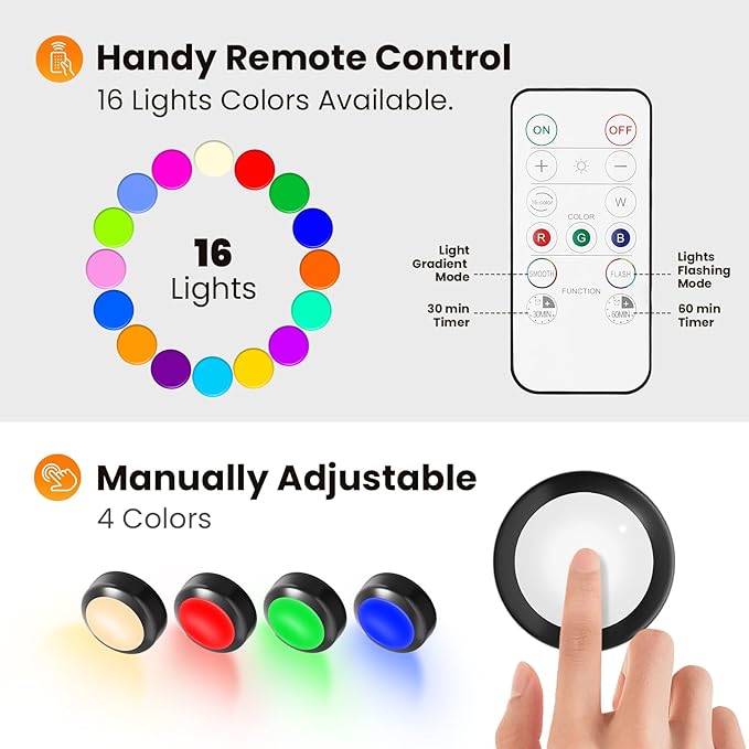 LED Puck Lights with Remote Control, 16 Color Changing Under Cabinet Lighting with Dimmer & Timer, AAA Battery Operated,Under for Closet Bedroom Kitchen, Stair (12 Pack White)