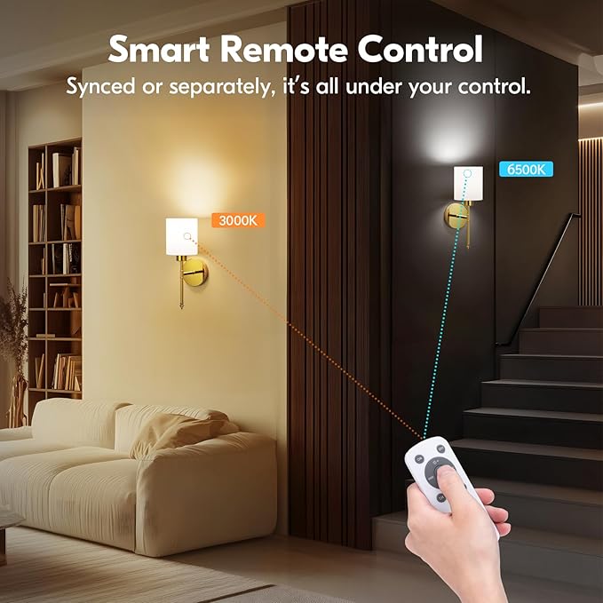 NIORSUN 15 inch Battery Operated Wall Sconce Set of 2, Gold Wireless Rechargeable Wall Lights with 5200mAh Dimmable Detachable Bulbs and Remote, 9 Colors Sconces Wall Decor for Bedroom Living Room