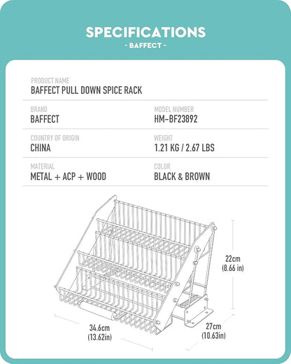 Baffect 3 Tiers Pull Down Spice Rack, Pull Out Spice Organizer for Inside Cabinets, Drop Down Spice Shelf with Spring Buffer Device for Kitchen Upper Cabinet（Black）