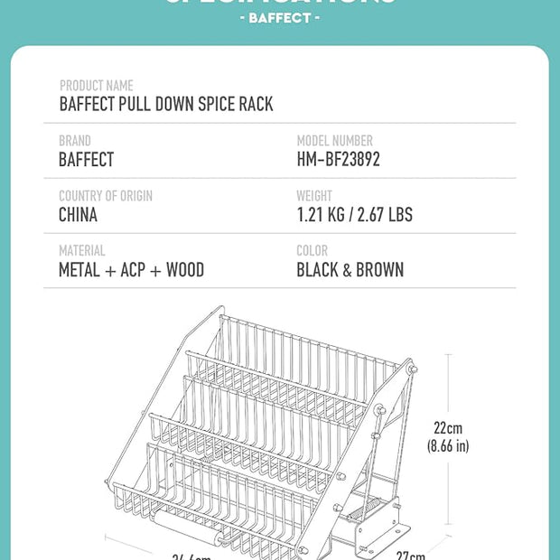 Baffect 3 Tiers Pull Down Spice Rack, Pull Out Spice Organizer for Inside Cabinets, Drop Down Spice Shelf with Spring Buffer Device for Kitchen Upper Cabinet（Black）