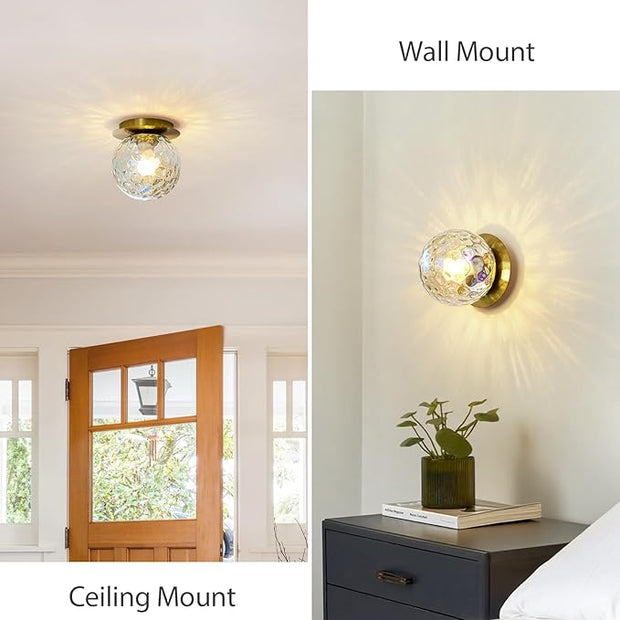 Modern Glass Globe Wall Sconce: Gold Spherical Sconces Light with Hammered Stained Glass Shade - Small Brass Vanity Single Ball Lights Fixture - Contemporary Wall Mounted Lamp for Bedroom Living Room