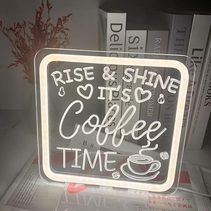 CoffeeBar Sign,Rise & Shine It's Coffee Time Sign,CoffeeBar Decorations Transport Plaque with Stand Gifts for Home Kitchen Tabletop Decor