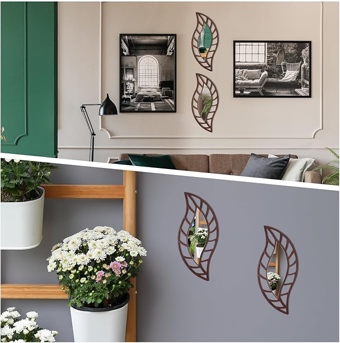 Roowest 2 Pcs Decorative Mirror Wall Decor Leaf Teardrop Mirror Wall Mounted Decorations for Living Room Bedroom Bathroom Vanity Entryway Office(Brown)