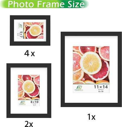 FrameWorks 7-pc Set Collage Wall Wooden Picture Frames Tempered Glass/Black / 1-11"x14", 2-8"x10", 4-5"x7"