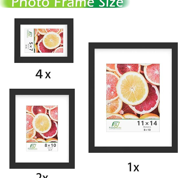 FrameWorks 7-pc Set Collage Wall Wooden Picture Frames Tempered Glass/Black / 1-11"x14", 2-8"x10", 4-5"x7"