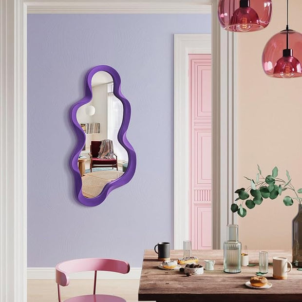 Wavy Wall Mirror for Girly Nursery Bedroom Decoration, 13.8x29.7 Noble Cloud-Shaped Decorative Funky Mirrors for Modern Classical Home Office Living Room Housewarming Birthday Gift (Purple)