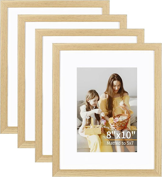 ATOBART 8x10 Picture Frame Set of 4, Displays 5x7 with Mat or 8x10 Without Mat, Photo Frames for Wall Hanging or Tabletop, Includes HD Plexiglass, Natural Wood Grain