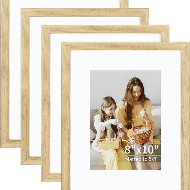 ATOBART 8x10 Picture Frame Set of 4, Displays 5x7 with Mat or 8x10 Without Mat, Photo Frames for Wall Hanging or Tabletop, Includes HD Plexiglass, Natural Wood Grain