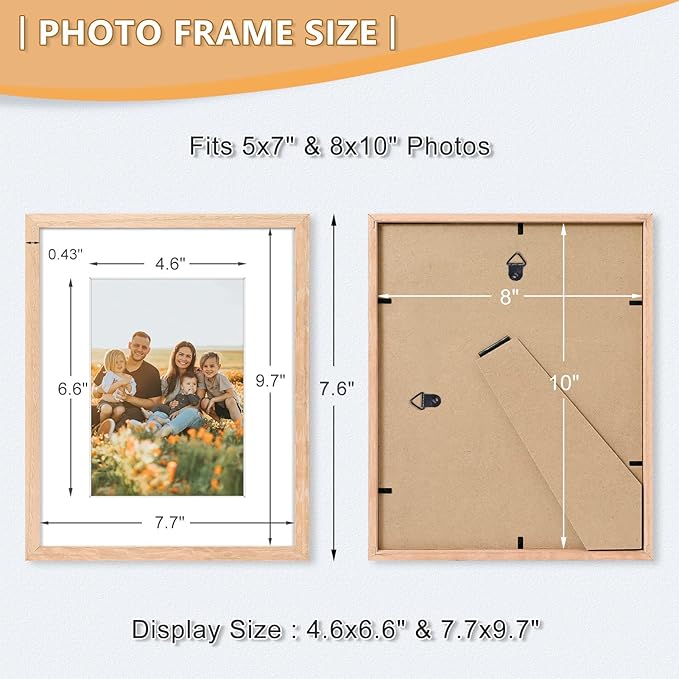 8x10 Picture Frame, OAK Wood Photo Frame 5x7 with Mat or 8x10 without Mat with Perspex Glass for Vertical or Horizontal Tabletop Wall Display for Photos, Paintings, Posters, Artwork, Set of 2