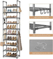VTRIN 10 Tiers Tall Shoe Rack Holds 20-25 Pairs of Shoes Sturdy Vertical Shoe Organizer with 18pcs Hooks Stackable Narrow Shoe Rack for Closet, Entryway Grey