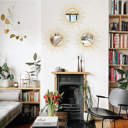 Cityelf 3 Set Gold Sunburst Mirrors for Wall Decorative Metal Mirrors Small Mirror Sets Decor Hanging Mirror Wall Sculpture for Bedroom Living Room Entryway