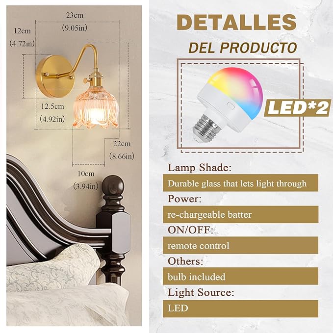 Vintage Battery Operated Wall Sconces Set of 2, Rechargeable Gold Wall Lamp with Remote Control, Amber Glass Lampshade Cordless Wall Sconce Fixtures for Bedroom, Living Room, Bedside