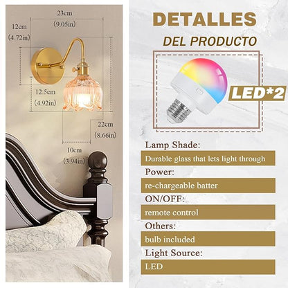 Vintage Battery Operated Wall Sconces Set of 2, Rechargeable Gold Wall Lamp with Remote Control, Amber Glass Lampshade Cordless Wall Sconce Fixtures for Bedroom, Living Room, Bedside