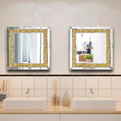 2 Piece Wall Mirrors, Crush Diamond Wall Decor, Gold Color Decorative Mirrors for Living Room, Bedroom, Bathroom. (12'x12')