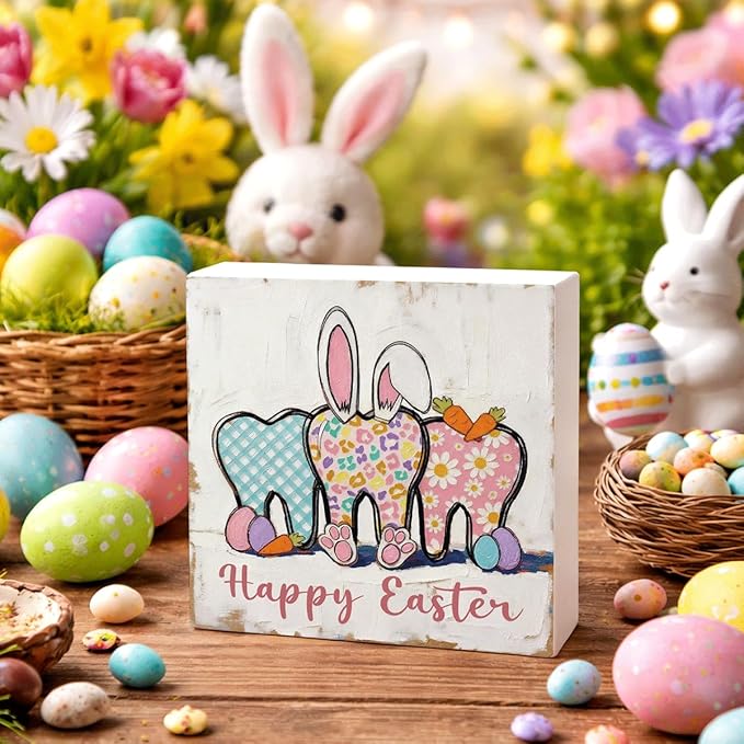Easter Table Decorations Happy Easter Bunny Wooden Box Sign, Rustic Farmhouse Spring Centerpiece for Tables, Easter Desk Shelf Plaque Home Decor 5x5 Inch
