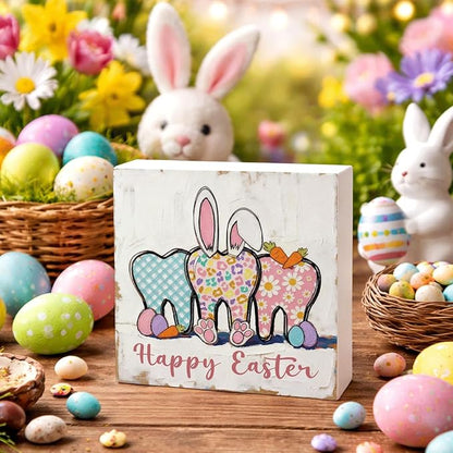 Easter Table Decorations Happy Easter Bunny Wooden Box Sign, Rustic Farmhouse Spring Centerpiece for Tables, Easter Desk Shelf Plaque Home Decor 5x5 Inch