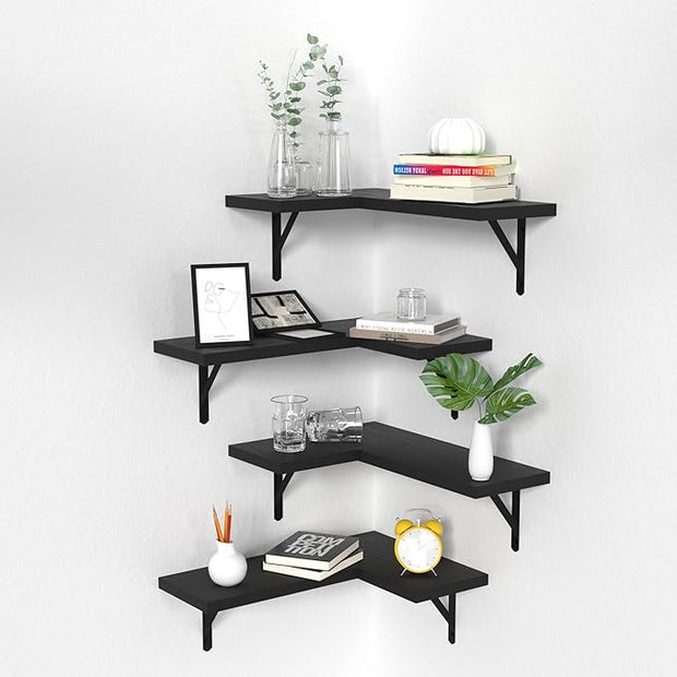 NATURE'S SOURCE Corner Floating Shelves Set of 4, Corner Shelves Wall Mounted, for Bedroom Kitchen Living Room Bathroom Office- Gothic Style (Black, Set of 4)