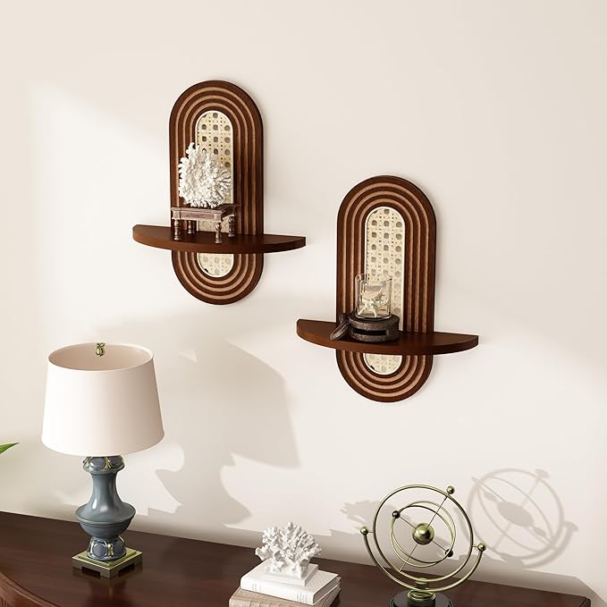 Wooden Arched Floating Shelf - Boho Decor Wall-Mouted Shelves Book Display Rattan Shelf for Bedroom Living Room Bathroom Nursery Home Office 14.5