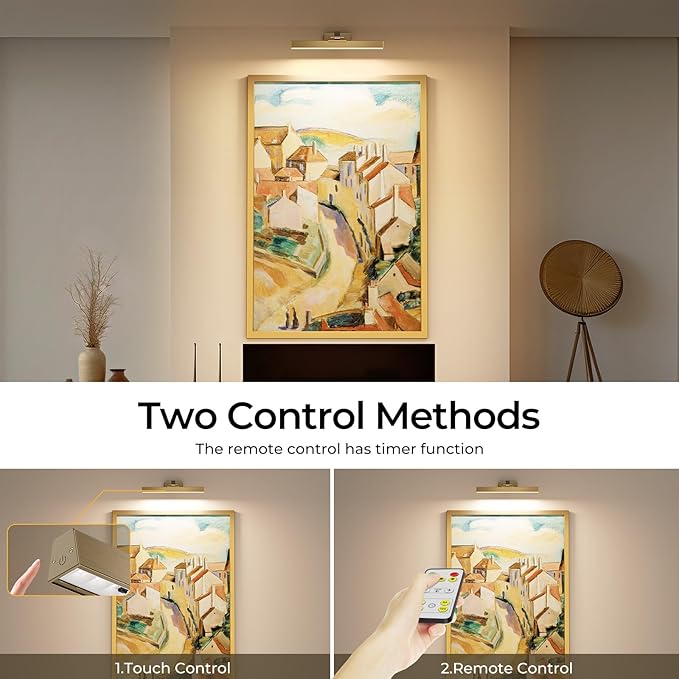 Picture Lights for Wall, Brass Battery Operated Picture Light 16in Art Light CCT Dimmable Recharging Battery Wall Light with Remote Control for Living Room Gallery