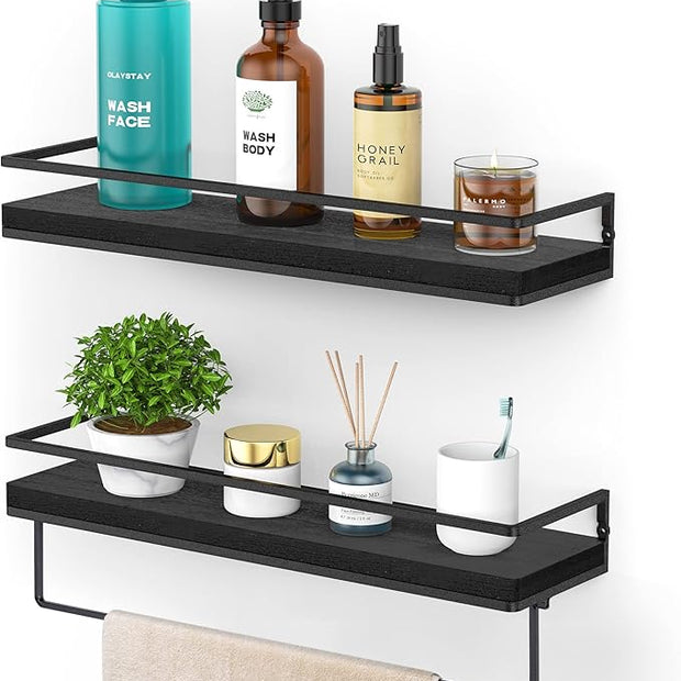 Meangood Floating Shelves Wall Mounted Set of 2, Wall Shelf with Towel Bar Rustic Wood Wall Storage Shelves for Bedroom,Living Room,Bathroom, Kitchen Black