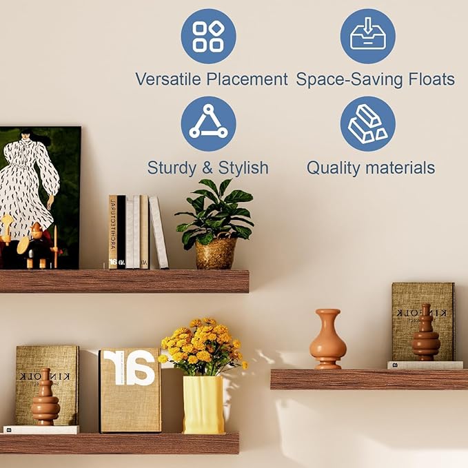Floating Shelves for Wall, Bathroom Shelves Over Toilet, Wall Shelves & Book Shelf, Hanging Shelf, Modern Wooden Wall-Mounted Small Floating Shelves, 12x7x1.5 in (Walnut-Like, Set of 3)