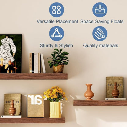Floating Shelves for Wall, Bathroom Shelves Over Toilet, Wall Shelves & Book Shelf, Hanging Shelf, Modern Wooden Wall-Mounted Small Floating Shelves, 12x7x1.5 in (Walnut-Like, Set of 3)