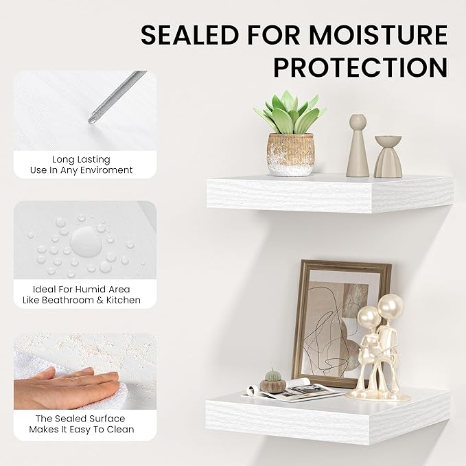Square Floating Shelves for Wall, 10" W x 10" D x 1.4" H, Small Wooden Wall Mounted Display Shelves with Invisible Brackets for Living Room, Bedroom, Bathroom, Kitchen Decor, Set of 4, White