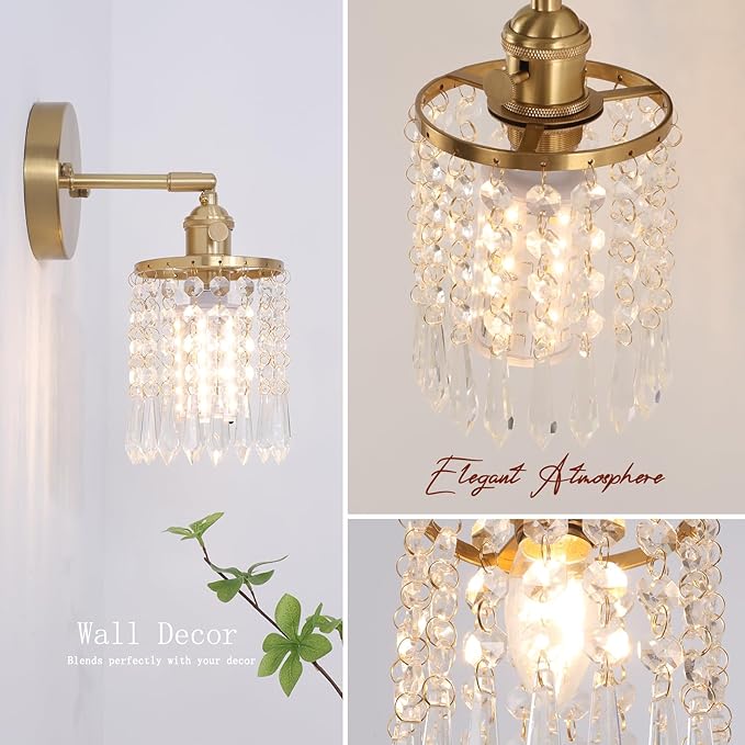 Set of 2 Crystal Battery Operated Wall Sconce, Rechargeable Battery Powered Wall Lamp with Remote Control, Modern Dimmable Wireless Wall Lights for Bedroom Bathroom(Transparent, Gold Base)