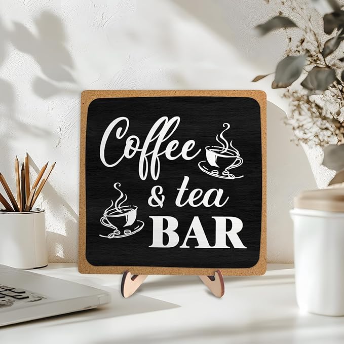 Coffee Bar Decor Sign,Rustic Wooden Plaque Coffee Sign for Java Station, Kitchen, Cafe or Tea Corner, Funny Jave Gift for Home Cafe, 5.9 x 5.9Inch (Black+Brown04)