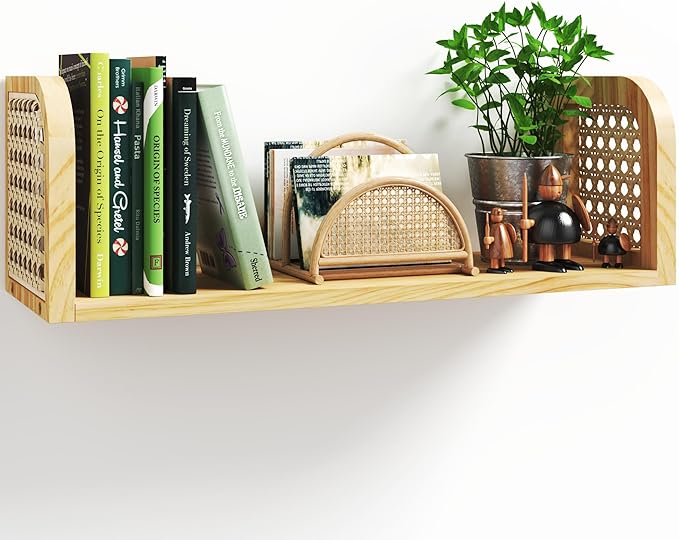 24 Inch Rattan Wall Shelf, Wooden Hanging Bookshelf Storage, Natural Cute Nursery Shelves Wall Mounted, Boho Decorative Floating Shelves for Kids Room, Living Room, Play Room, Bedroom