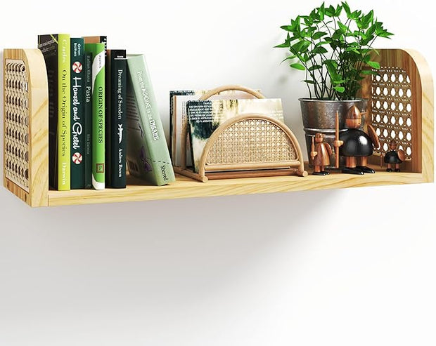 24 Inch Rattan Wall Shelf, Wooden Hanging Bookshelf Storage, Natural Cute Nursery Shelves Wall Mounted, Boho Decorative Floating Shelves for Kids Room, Living Room, Play Room, Bedroom