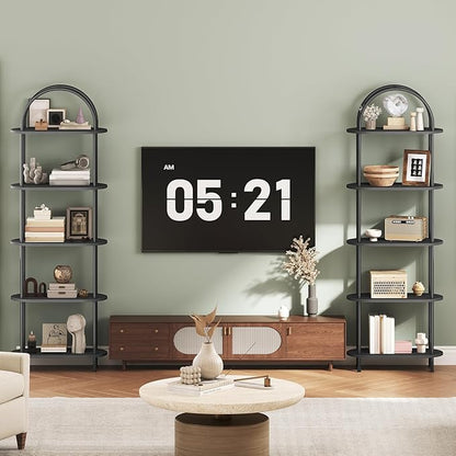 HOOBRO 5 Tier Open Bookshelf, Industrial Arched Bookcase Display Shelf Rack, Wooden Bookcase Storage Shelf Metal Frame, Tall Storage Organizer for Home, Easy Assembly, Black BB176SJ01