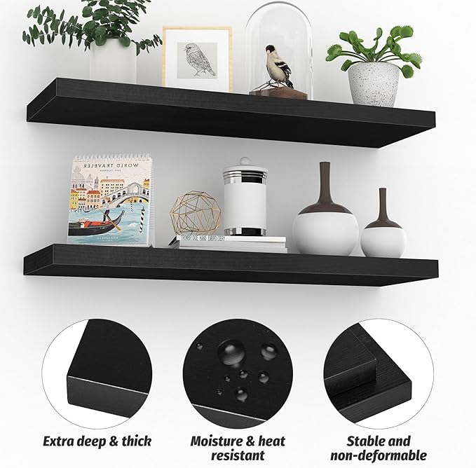Floating Shelves (Set of 2) – Wall Mounted Shelves for Home Décor and Storage, Natural Pine Wood, Suitable for Living Room and Bedroom (Black, 23.6" x 5.7" x 1.0")