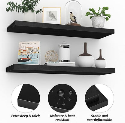 Floating Shelves (Set of 2) – Wall Mounted Shelves for Home Décor and Storage, Natural Pine Wood, Suitable for Living Room and Bedroom (Black, 23.6" x 5.7" x 1.0")