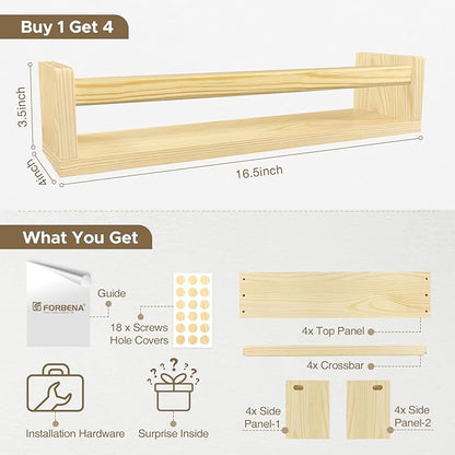 Forbena Natural Wood Nursery Book Shelves Wall Mounted, Floating Bookshelf for Kids Room, Toys and Books Storage Organizer Bookshelves for Toddler Child Bedroom Bathroom (4 Pack Natural Wood)