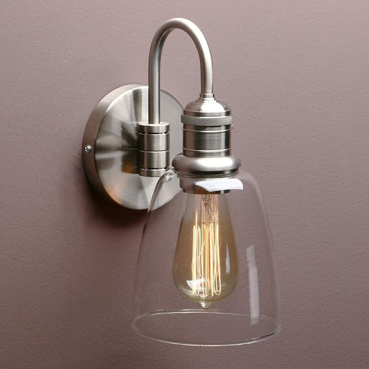 Yosoan 1-Light Brass Modern Vintage Indoor Wall Sconce, Vanity Single Luxury Hardwired Retro Textured Clear Oval Cone Glass Shade with Industrial Curved Rod Bathroom Lamp(Brushed)