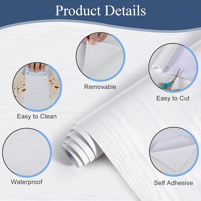 Abyssaly White Wood Contact Paper 17.7" X 118" Decorative Self-Adhesive Film for Furniture Real Wood Tactile Easy to Clean Perfectly Covers The Surface Without Passing Through The Primary Colors