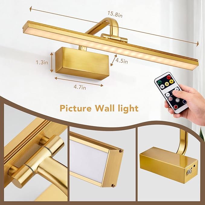 Picture Light,Picture Lights for Wall Cordless,Picture Lights with Timer and Dimmable,Battery Wall Lights for Display Gallery Painting Art Frame Portrait-L Brass
