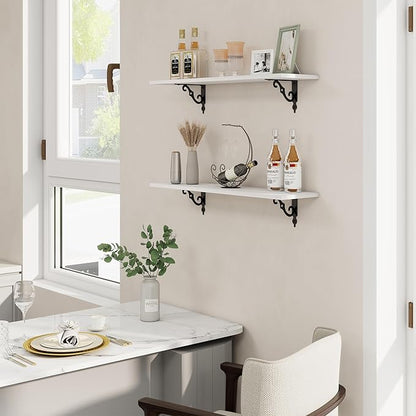 RICHFOCUS Floating Shelves for Wall Decor, 31.5W x 8D Shelves Set of 2, 8" Deep Rustic Wood Floating Shelves Wall Mounted with Metal Brackets, Shelves for Living Room Bedroom Kitchen, White