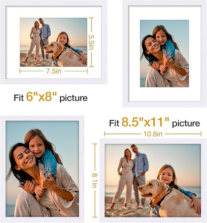 Vittanly 8.5x11 Picture Frames Set of 4, Display Pictures 6x8 with Mat or 8.5x11 without Mat, Gallery Wall Frame Set for Wall Mounting, Engineered Wood with Shatter Resistant Plexiglass, White