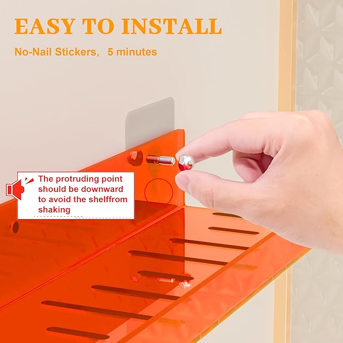4 Pack Floating Shelves –15'' Orange Acrylic/PET Wall-Mounted No Drill Storage with Adhesive, Bathroom & Bedroom Shelving for Kitchen, Living Room, Home Decor
